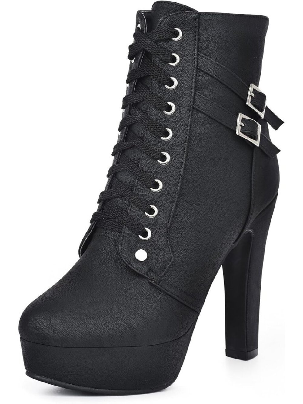 Women's Black Platform Boot Heels Round Toe Lace UP High Heels Mid Calf Boots